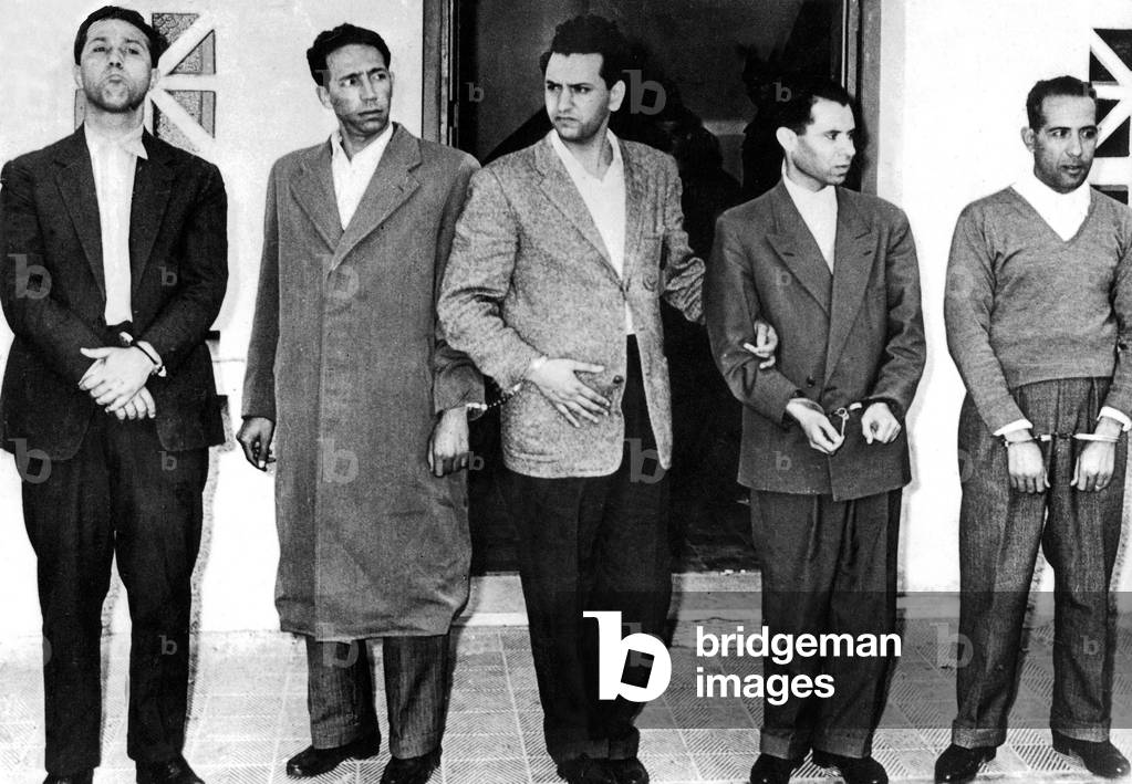 Arrest of heads of Algerian National Front (FLN) on october 22, 1956 in Algiers during Algeria war (they remained prisoners until march 1962) : l-r : Ahmed Ben Bella, Mohamed Boudiaf, Hocine Ait Ahmed, Mostefa Lacheraf, Mohamed Khider