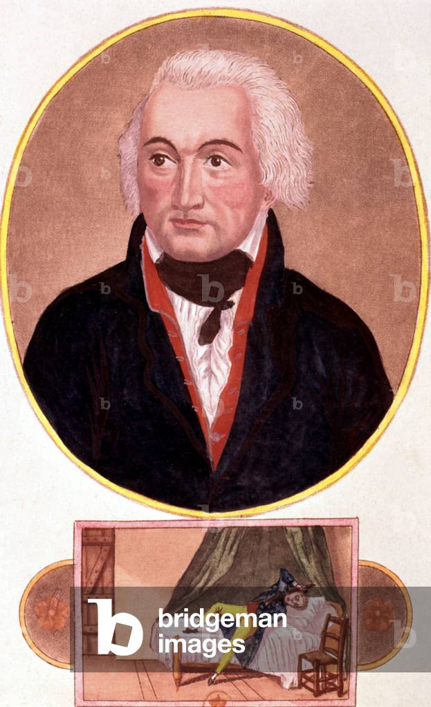 Jean-Charles Pichegru (1761-1804) French general who took part in revolutionary wars, bottom : his death : strangulation with a tie, engraving