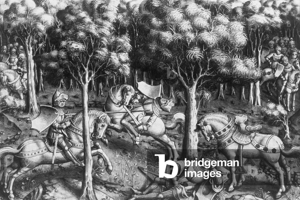 knight Roland defending his uncle carolingian emperor Charlemagne against traitor Ganelon is an illumination extracting from a French manuscript during the 14th or 15th century