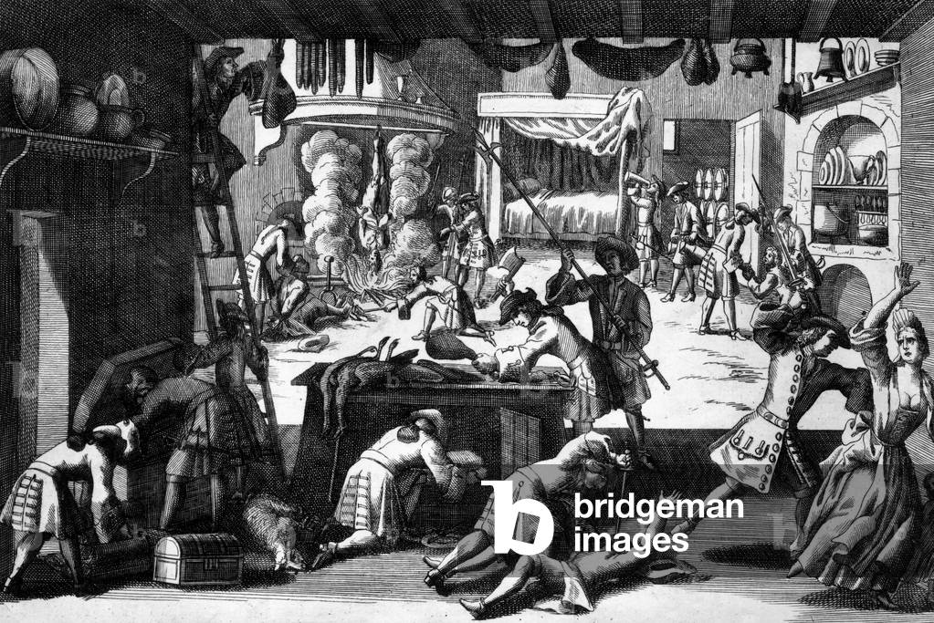 Dragonnade : persecution of protestants after 1685 in France, engraving