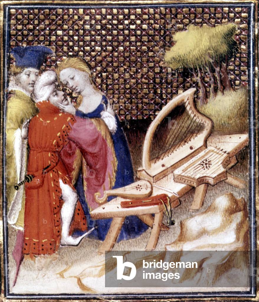 Couple of lovers in a garden with musical instrument, scene of courtly love, illumination, middle age late 14th century