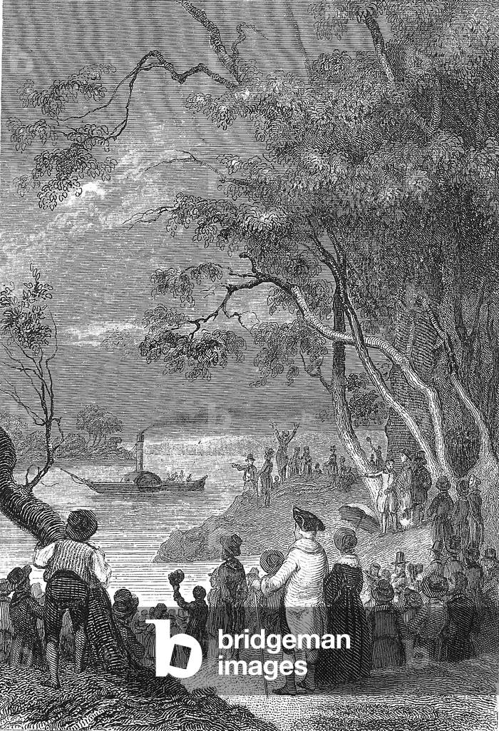 the Clermont, first steam boat launched by Robert Fulton august 09, 1803 , engraving 19th century