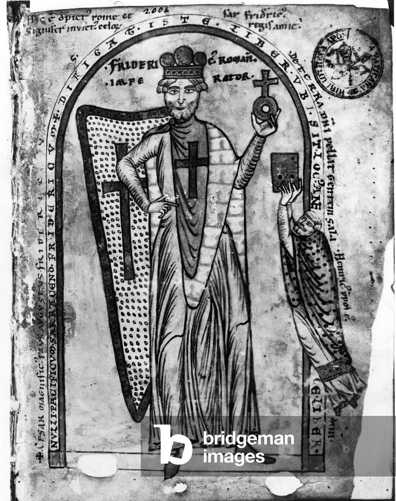 Frederik 1st Barbarossa (c.1122-1190), emperor of Holy Empire and king of Germany (1152-1190) here as a crusader, illumination