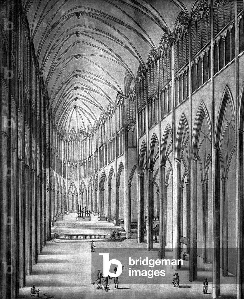 View of interior of imperial Saint Denis abbey, near Paris, after the restoration ordered by Napoleon1st : perspective View in 1810, engraving by Chapuy after a drawing by Chal