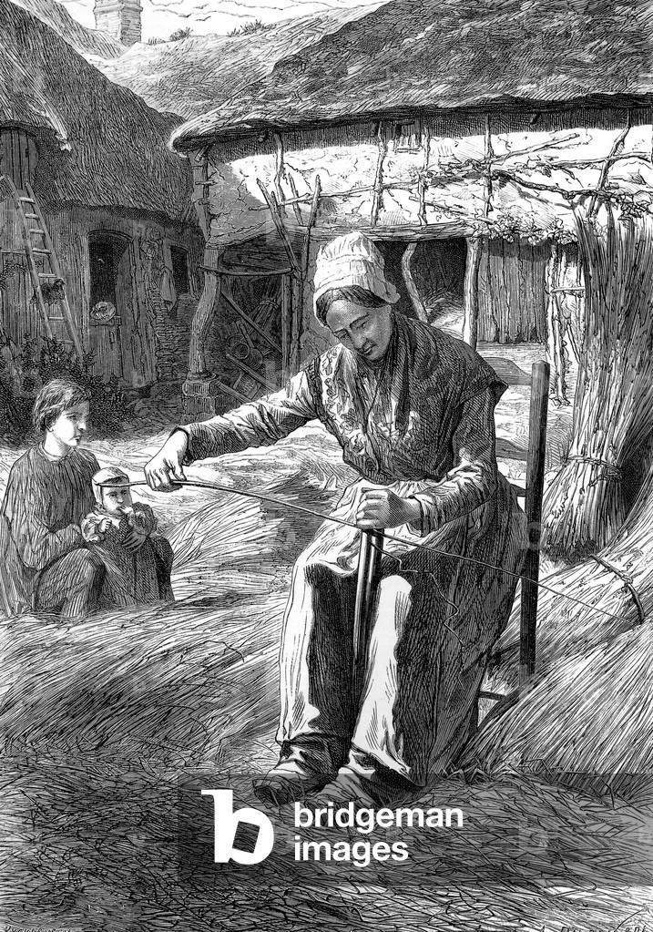 Peasant woman peeling green wicker agriculture farming France, engraving, 19tth century
