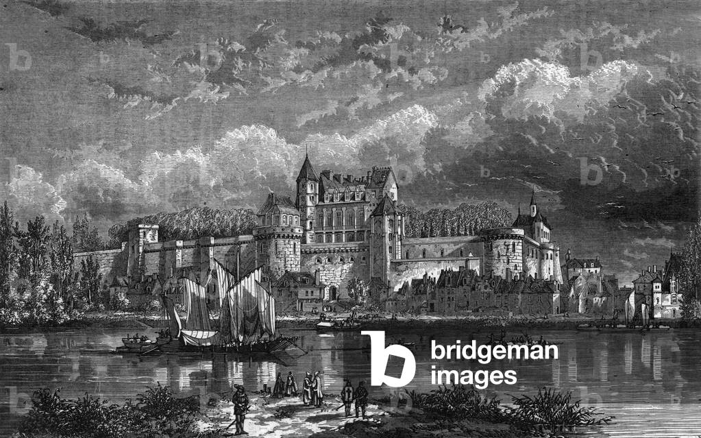 Amboise castle built from 1495 by French king CharlesVIII near Loire river (France), engraving by Lebreton (19th century)