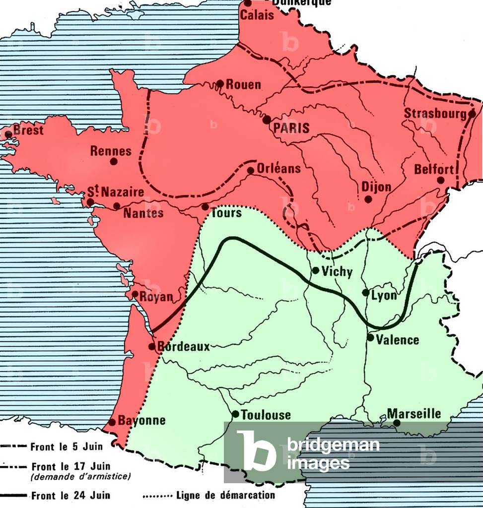 Map of France in june 1940 showing demarcation line and lines of different fronts (june 5, 17, 24)