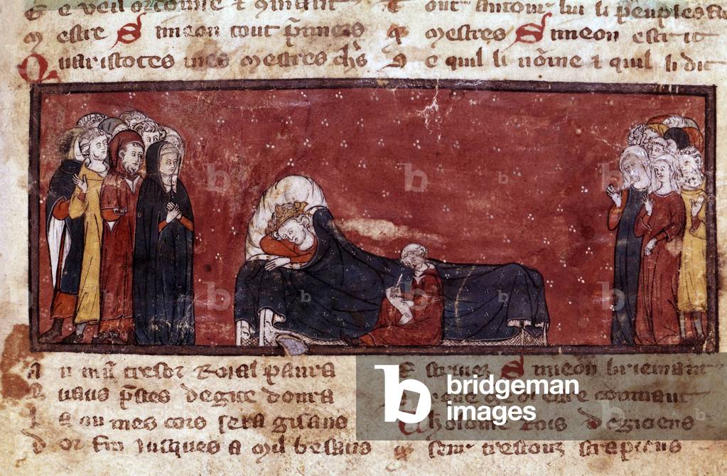 Death of French king Louis IX (Saint Louis, 1214-1270, king in 1226-1270), illumination from Chroniques de Froissart, c. 1450