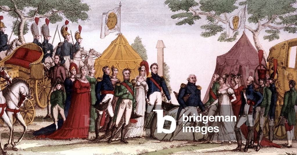 French king Louis XVIII meeting Marie-Caroline Princess of Naples before her wedding to Charles Ferdinand, Duke of Berry (nephew of the King) 1816  France, engraving