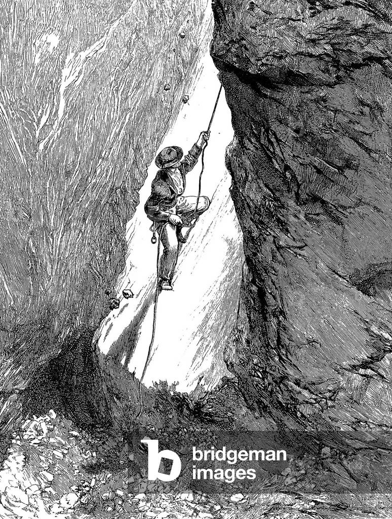 Mountaineering in Matterhorn close to swiss frontier near Zermatt , engraving, 19th century