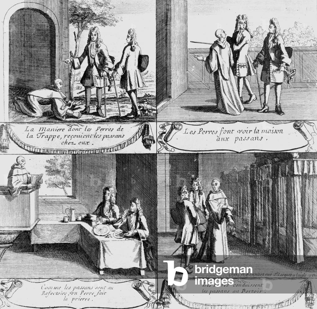 abbey of Our Lady of the Trappe (France) : when visitors come at the abbey, they are welcome by monks, engraving, 17th century