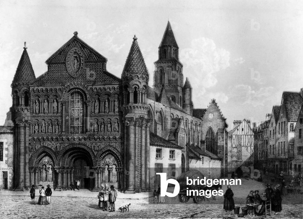 Notre Dame la Grande church (11th century) in Poitiers, france, engraving, c. 1850