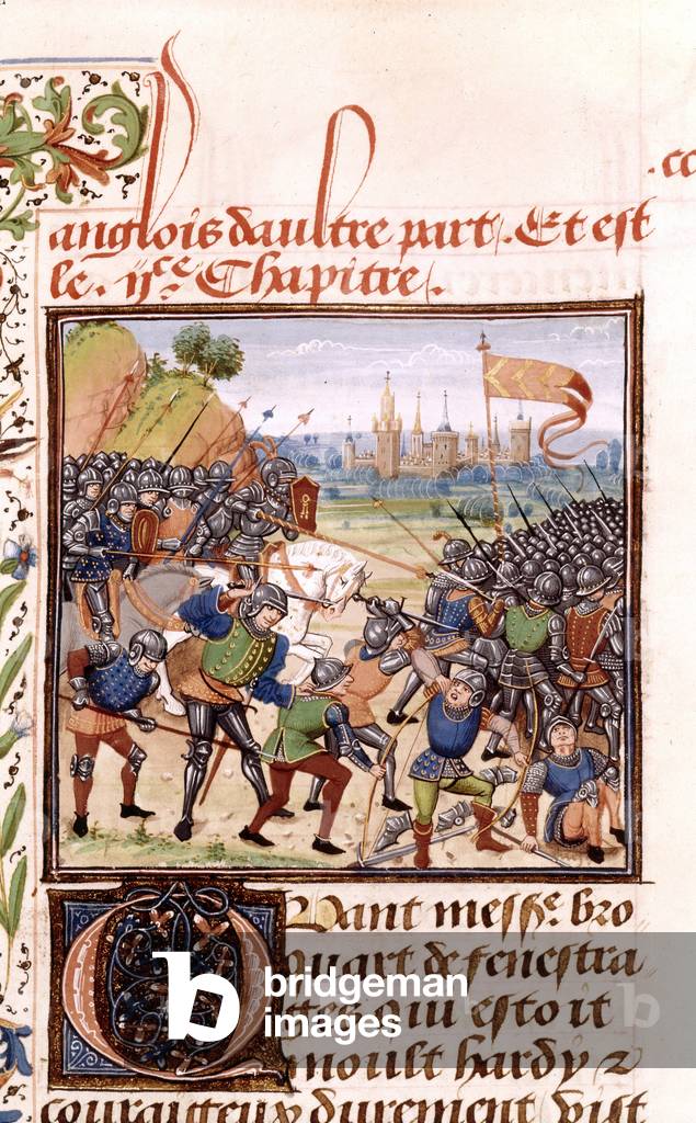 The battle of Nogent-sur-Seine between French and English in 1359 is an illumination extracting from the belgian manuscript entitled The Chronicles of Froissart, writes by Jean Froissard, in the 15th century and preserved in the BNF (FR 2643 fol 243)