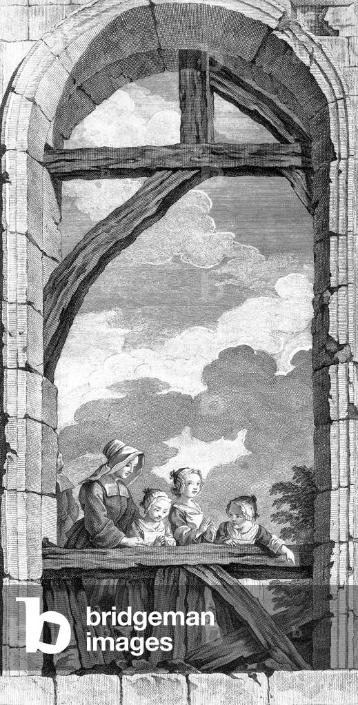 Charity nuns taking care of the orphans late 17th century , engraving by Nataire