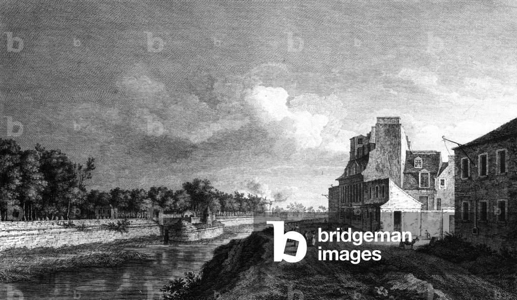 View of the Arsenal of Paris and the powder storehouse, in the background is the Bastille jail, drawing by Simon Lantara (1729-1778) in the 1760's