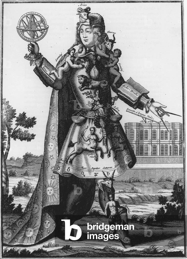the astrologer wearing clothes with symbols of the Zodiac , Sun and Moon, and holding in his hands the instrument for the observation of the sky, engraving by Nicolas de Larmessin, 17th century