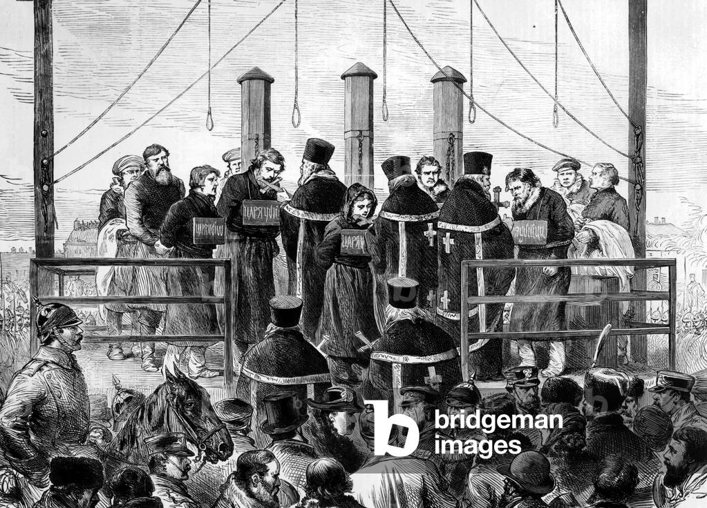 Hanging of the murderers of emperor Alexander II in Saint Petersburg in 1881, engraving