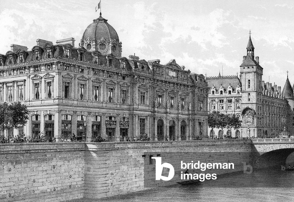 Paris : Cite island : court dealing with trade disputes and the Conciergerie, 1876, engraving