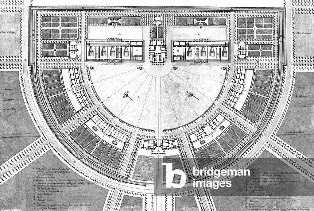 Map of Arc et Senans saltworks, France, built by Claude Nicolas Ledoux in 1774-1779, engraving