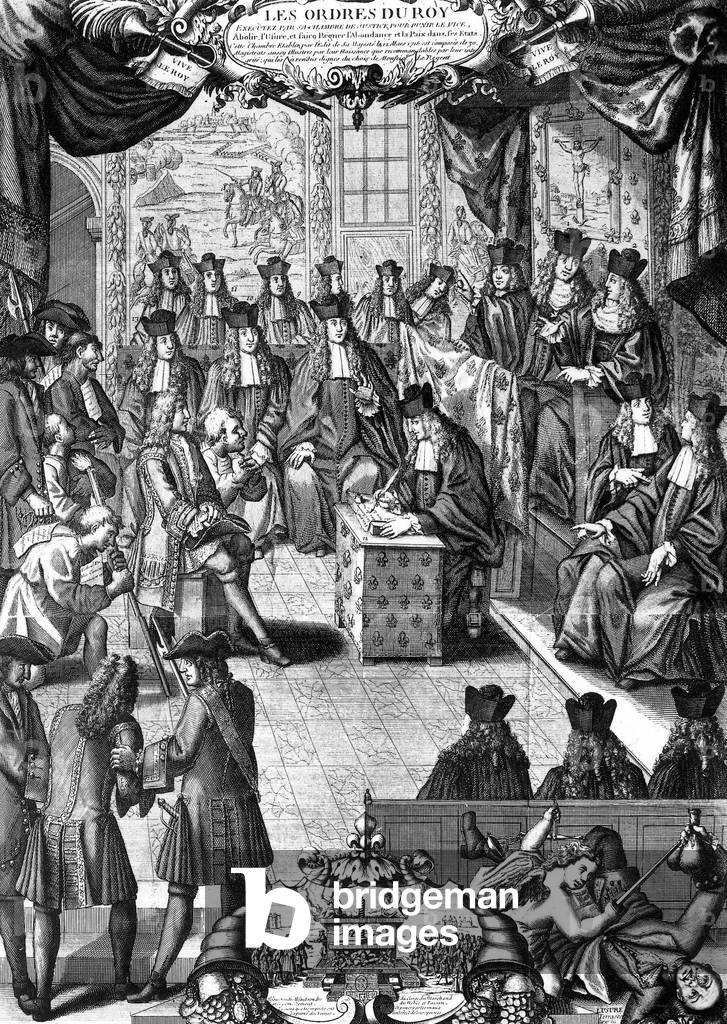 Orders of king LouisXIV (reign in 1638-1715) carried out by court, France, engraving, 1717