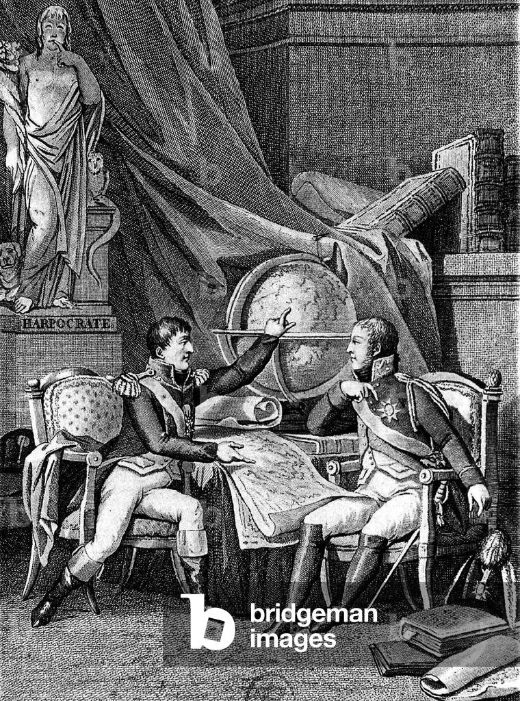 Meeting of French emperor Napoleon 1st and czar Alexander Ist Pavlovitch in Erfut october 1808 about sharing out the world, engraving