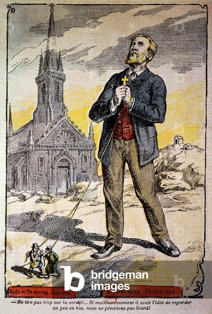 Satirical engraving about anticlericalism under 3rd republic in France which led to separation between Church and State in 1905