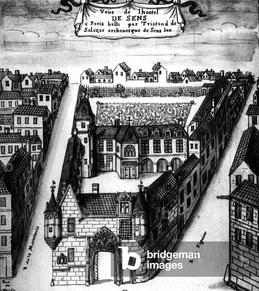 general View of the Sens townhouse in Paris (built in 1474-1519) , engraving 16th 17th century