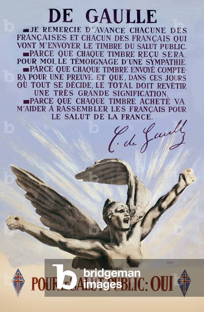 Poster with text by Charles de Gaulle ancouraginf French people to send his a special stamp for creation of his party (RPF), 1947