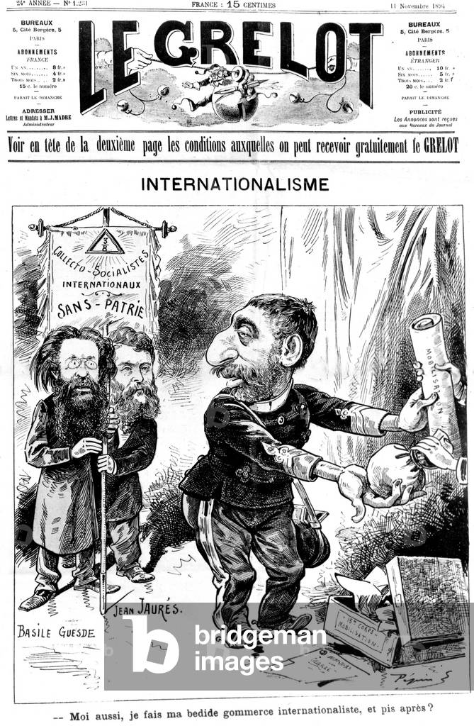 Cartoon of French politician Jean Jaures on front page of newspaper Le Grelot november 11, 1894