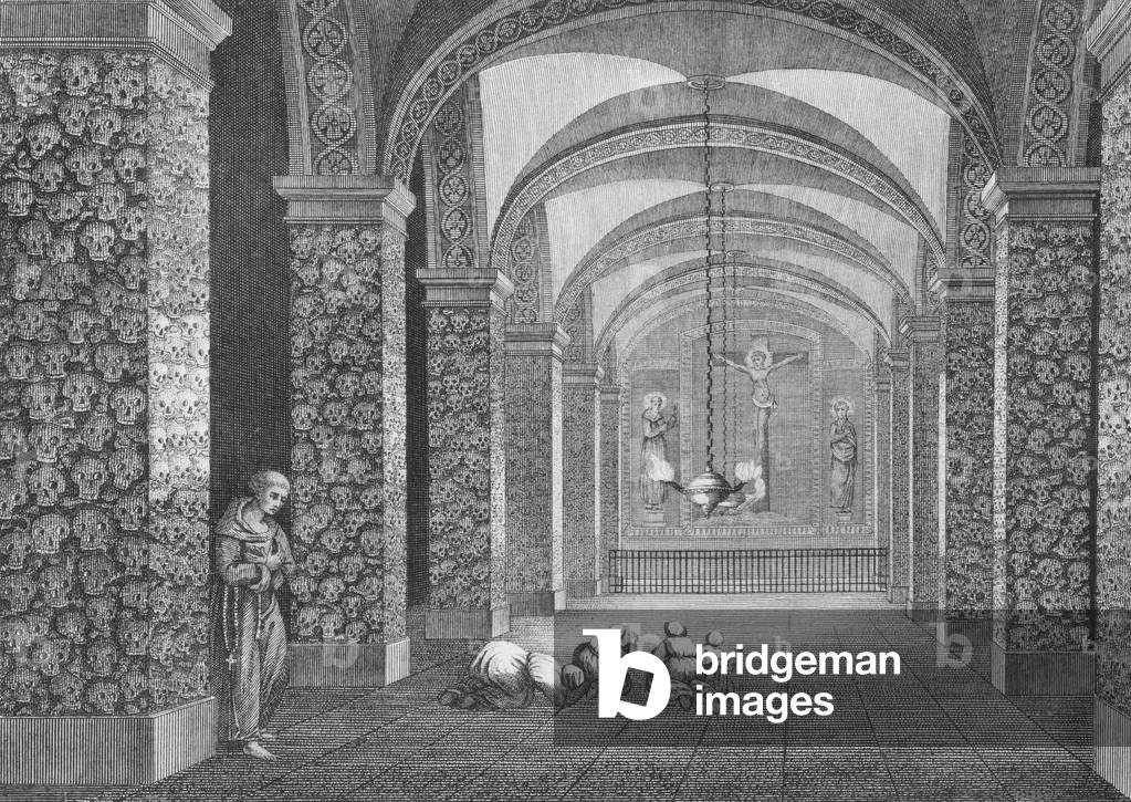 View of the interior of the charnel house in Evora in Portugal, 1797, engraving