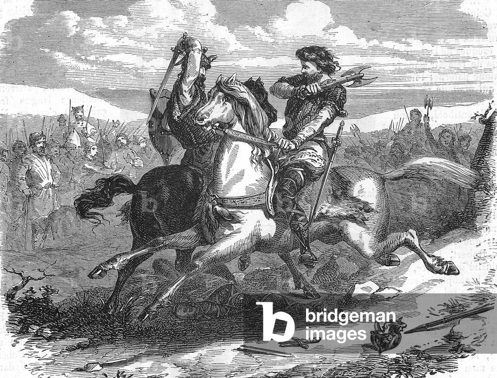 French king Eudes (860-898) during battle at Montfaucon d' Argonne against Normans in 888, engraving