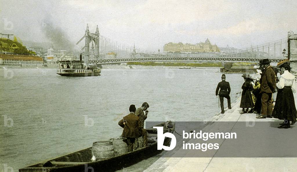 Budapest (Hungary) : Elizabeth bridge over Danube river, postcard, c. 1900