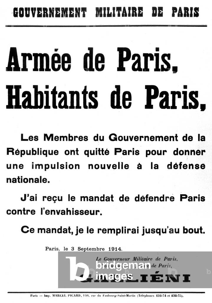 Open letter dated september 3, 1914 by General Gallieni French officer and politician gouvernor of Paris , he participated to the Victory of the Marne