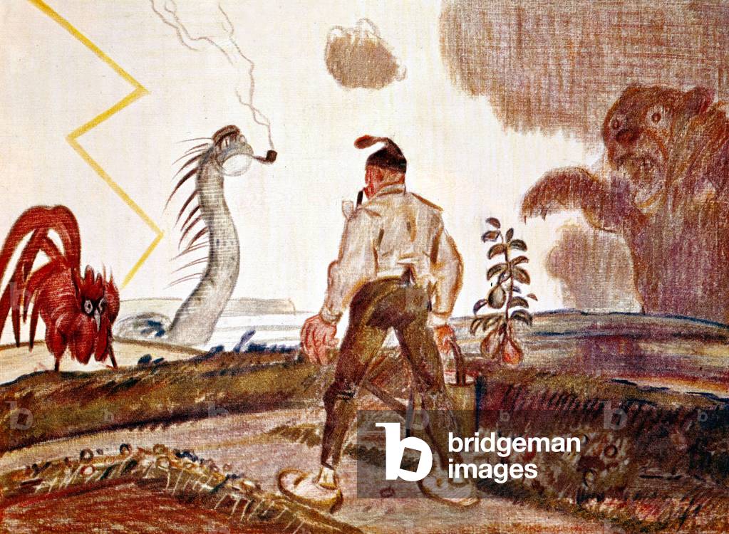 German cartoon about the declaration of war august 1914 : peaceful germany attacked by the French cock, the english loch ness monster and the russian bear, drawing by A. Hengeler