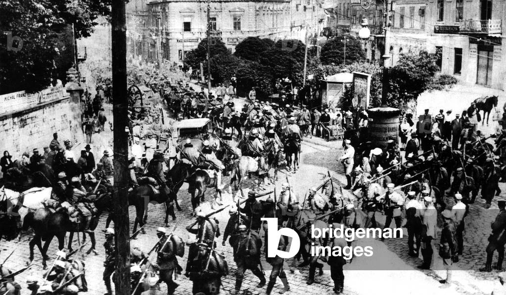 capture of Lemberg by austrian-hungarian army, june 1915 : Regiment after regiment of the invading Bavarian and Austrian army advanced through Lemberg (also called Lwiw, in Ukraine on the Eastern Front , the city they had just wrested from the russians
