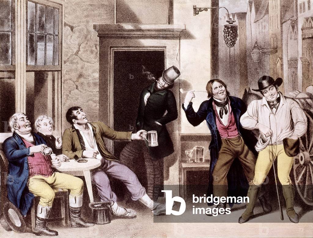 Group of men drinking at terrace of a tavern, satirical engraving by Currier about efforts to restrict alcohol consumption, c. 1850