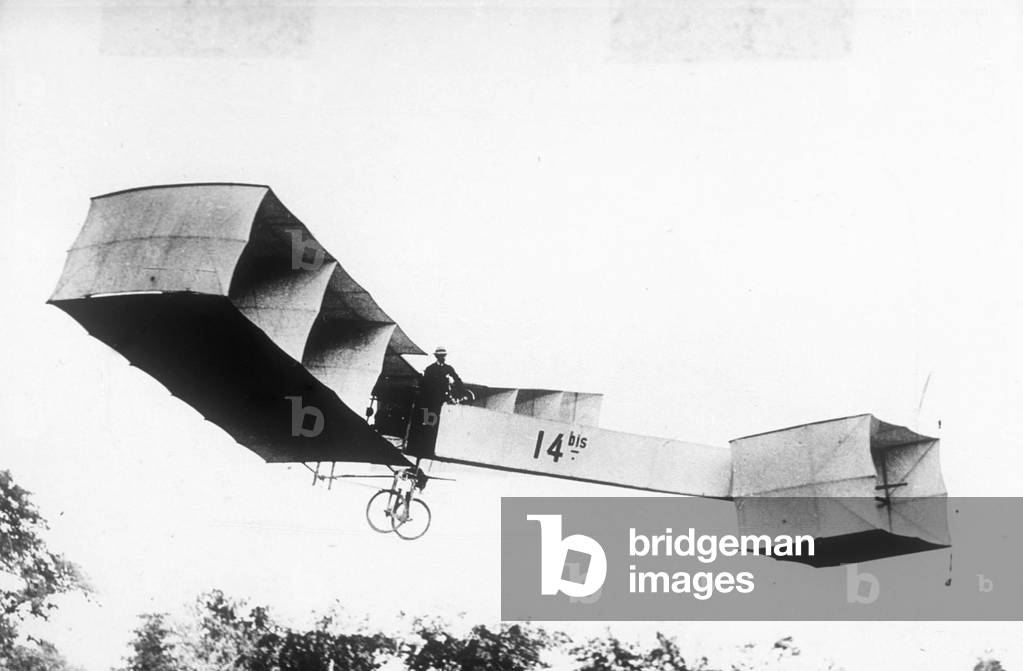 Alberto Santos Dumont (1873-1932) with biplane 14 bis on october 23, 1906 in Bagatelle park