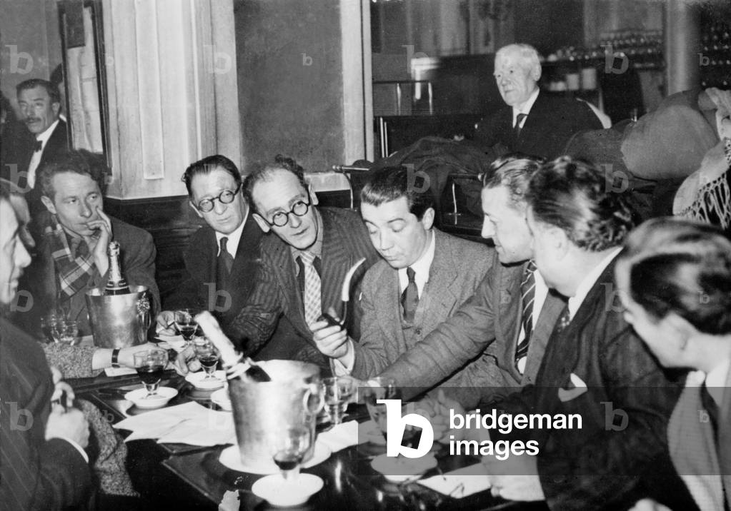 belgian writer Jean Milo receiving French literary price january 1944, here the members of the jury l-r M. Pernaud M. Nardy M. Rocca M. Philippon M. Miromas et M. d' Esparges