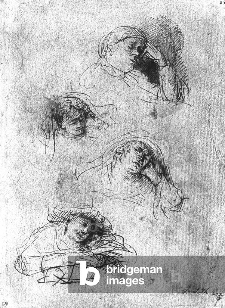 study of sleeping heads, drawing by Rembrandt Harmenszoon van Rijn (1606-1669)