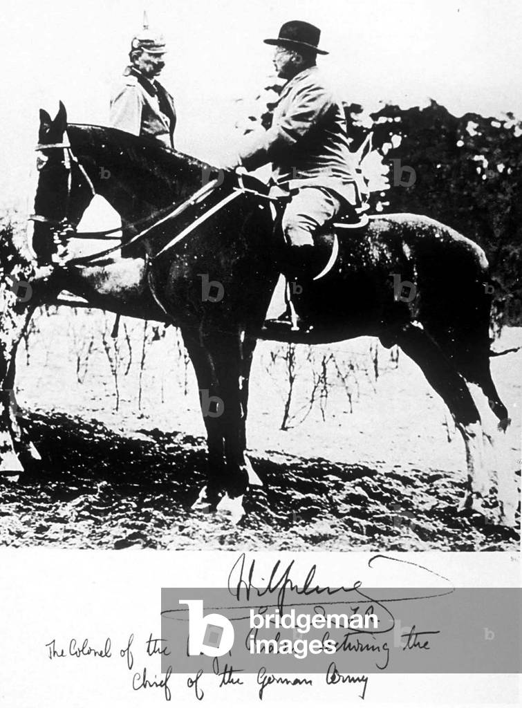 Theodore Roosevelt (1858-1919) american president here on horse with kaiser William II in Berlin 1910
