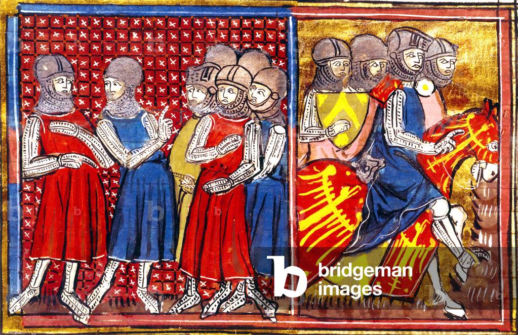 Illumination divided in two scenes representing : an argument between Godefroy de Bouillon (duke of Lorraine) and Baudouin 1er and Haudoin's departure to Armenia, extracting from the manuscript entitled Historia writes by Guillaume de Tyr, in 1337