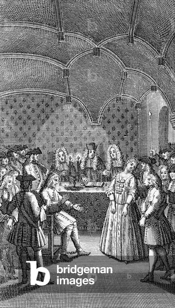 French brigand Louis Dominique Garthausen aka Cartouche (1693-1721) chained up, has called for his mistress, Lisette, who fainted, engraving by Scotin after Bonnart for book 