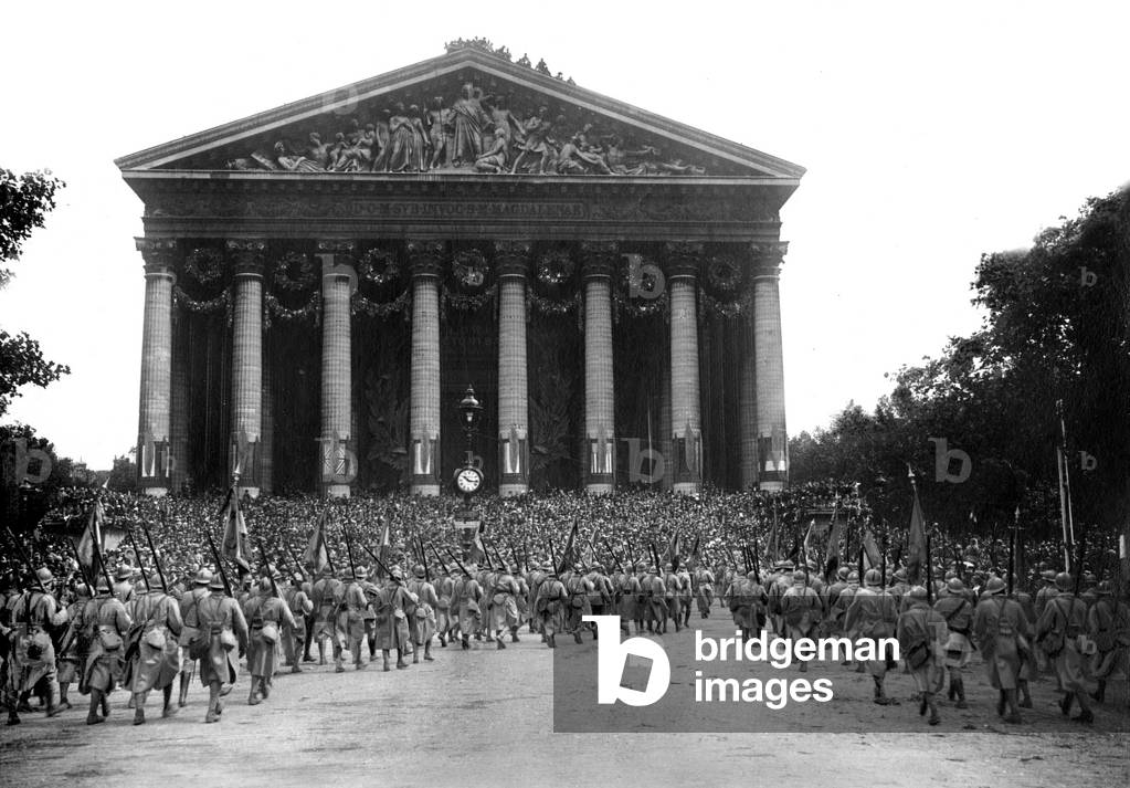 Military parade for victory on july 14, 1919 in front of Madeleine church in Paris