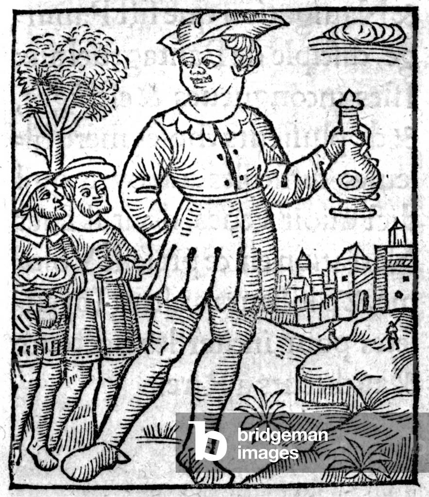 Panurge, friend of Pantagruel, engraving illustration book by Francois Rabelais 