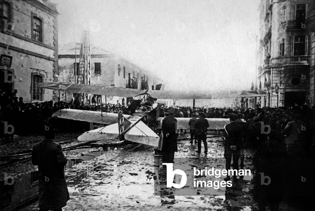 Enemy german plane shot down shown in a street of Salonique in Greece during first world war in 1916