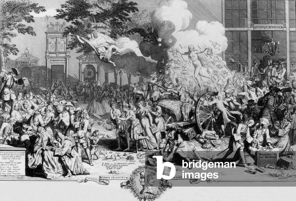 Monument in memory of 1720 incredible craziness (allusion to John Law system who invented banknote), engraving 18th century