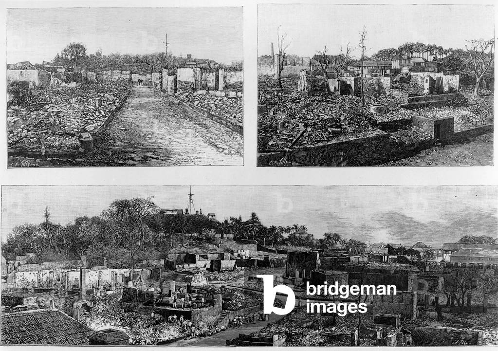ruins of Cayenne after the huge fire august 11, 1888, engraving