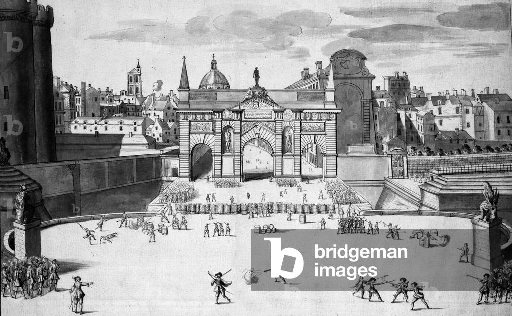 The Fronde (1648-1653, unrests in France during minority of king Louis XIV aginst Mazarin) : barricade at Saint Martin gate in Paris, engraving, 17th siecle