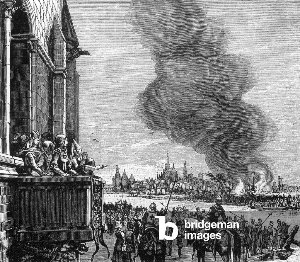 Death of Templars Jacques de Molay and Geoffroy de Charnay, Paris, march 18, 1314, engraving