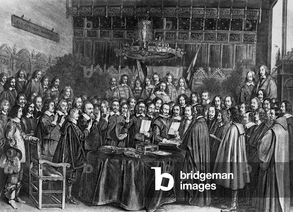 Signature of the treaty of Westphalia in Munster by Louis XIV may 1648, which ends the Thirty Years' war, engraving